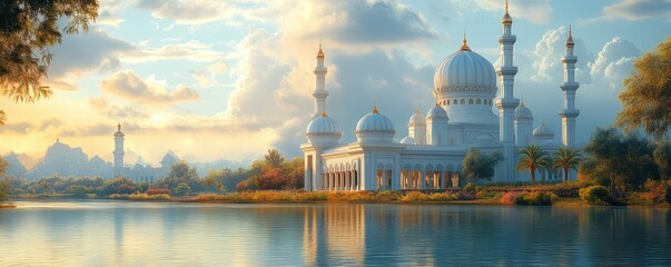 Obraz premium Serene Sunset at the Majestic Mosque by the Lake