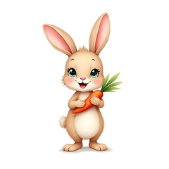 Obraz premium Cute adorable tiny bunny rabbit holding carrot isolated on a white background