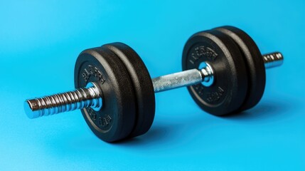 Fototapeta premium A pair of black dumbbells with a textured grip placed on a vibrant blue background.