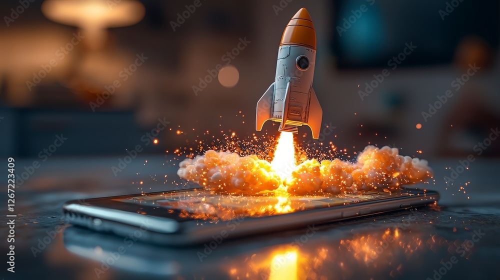 Poster a dynamic rocket is launching from a smartphone amidst captivating cloud elements, symbolizing the m