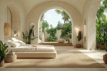 Luxurious bedroom with arched doorways opening to a lush outdoor oasis.
