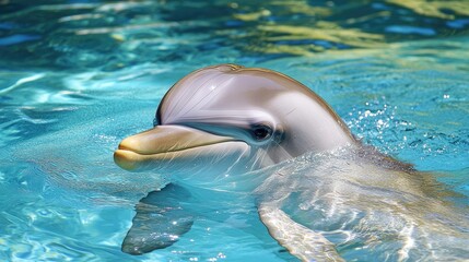 Obraz premium Dolphin swimming in turquoise water, marine park background, aquatic animal photo