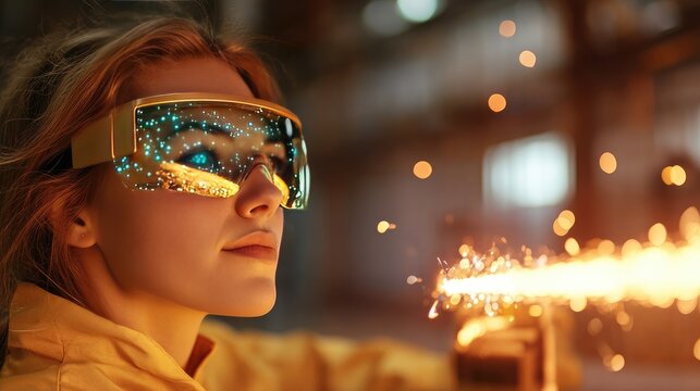 Futuristic Woman in Augmented Reality Glasses Amidst Sparks in Industrial Setting