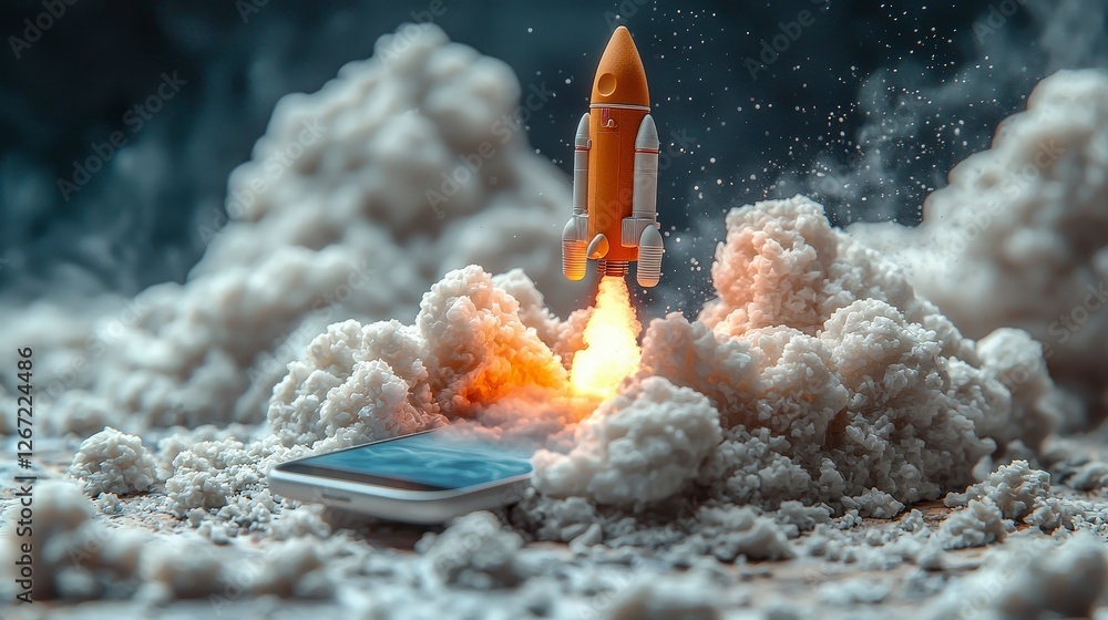 Poster a vibrant rocket emerges from fluffy clouds resting on a smartphone, evoking ideas of technological 
