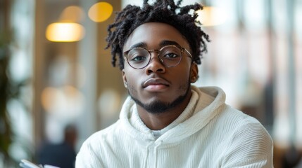 Young man with glasses poses in a white hoodie