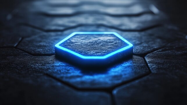 Illuminated pentagon on dark hexagonal tiles create an abstract background