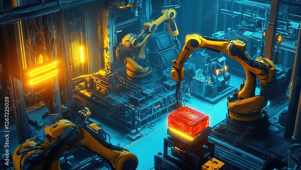 Aufkleber robotic arms precisely assemble futuristic components in a neon-lit factory, showcasing advanced aut