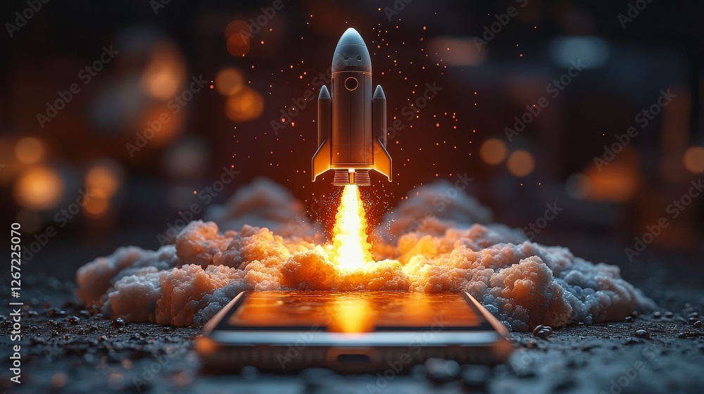 Poster a dynamic scene with a rocket rising from a smartphone’s surface, igniting the atmosphere with vibra