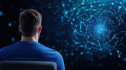 Man Viewing a Glowing Blue Digital Sphere Network