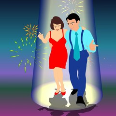A couple dances joyfully under a spotlight as fireworks burst in the colorful background. The man wears a blue shirt with suspenders, and the woman dazzles in a red dress.