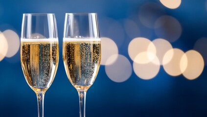 Two elegant champagne flutes filled with bubbly drink against a blurred blue background