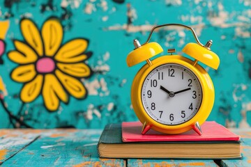 Retro Yellow Alarm Clock on Books Against Artistic Floral Background