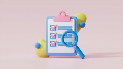 Clipboard with Checklist and Magnifying Glass Highlighting a Checkmark,Symbolizing Inspection, Accuracy, Task Completion, Quality Control, Evaluation, and Attention to Detail.

