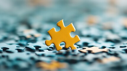 An intricately crafted yellow puzzle piece centers itself amidst blue ones, embodying the essence of individuality and the quest for belonging within a complex arrangement.