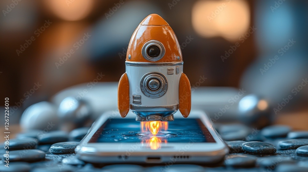 Poster showcasing a rocket effortlessly hovering over a smartphone, this image captures the essence of digi