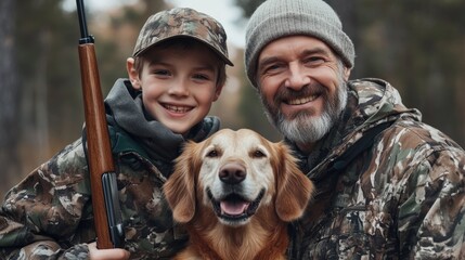 A father and son duo wearing camouflage jackets, standing in a quiet forest clearing, holding rifles and smiling warmly with a proud hunting dog standing between them