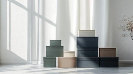 A set of luxury branded jewelry boxes in monochrome colors, stacked in an artistic manner.