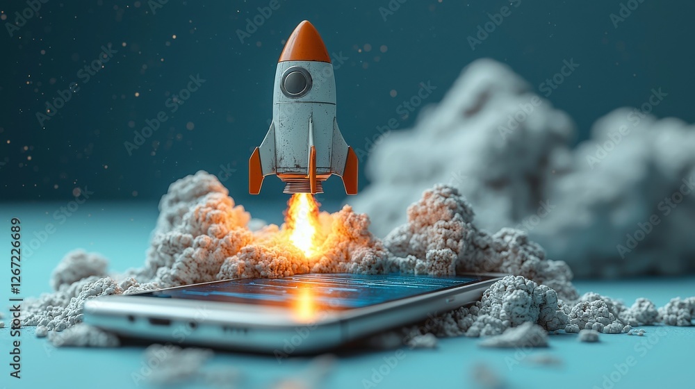 Poster this artistic representation illustrates a futuristic rocket launching from a phone screen, represen