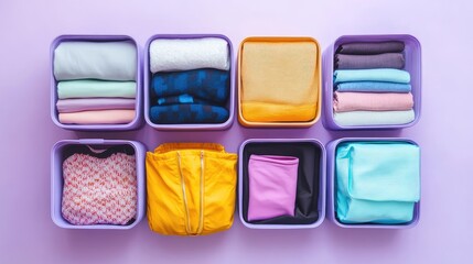 A set of stylish packing cubes filled with clothing on a soft lavender background.