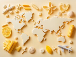 Flat lay composition with world map and different travel gadjet  - ai