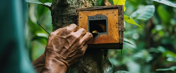 Elderly hands check birdhouse in rainforest; lush green background; conservation image