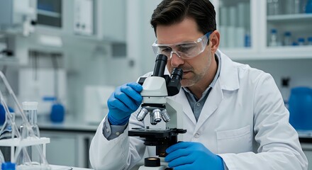 Scientist in Lab Coat and Protective Eyewear Examining Sample Under