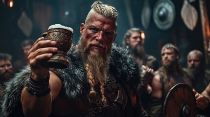 A fierce Viking chieftain in a fur cloak and leather armor, holding a carved drinking horn filled with beer