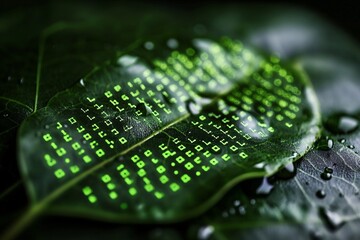 Nature's Code: A leaf etched with glowing digital patterns and water droplets.