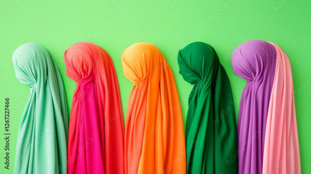 Poster artistic abstract composition of four veiled figures in vibrant colors against green backdrop repres