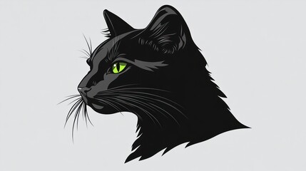 Obraz premium Black cat profile, green eyes, grey background, pet portrait, website graphic
