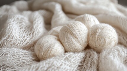 Soft wool yarn balls nestled on a knitted throw