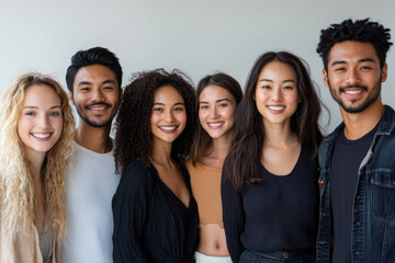 Diverse Group of Friends Smiling Together in a Bright, Modern Indoor Setting During a Casual Gathering
