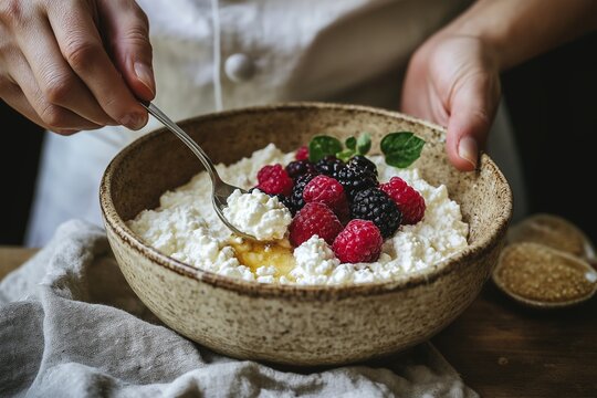Cottage cheese bowl with fresh berries and honey served in rustic bowl. Concept focuses on breakfast bowls, promoting healthy and nutritious morning meals