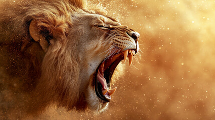 Fototapeta premium Majestic Lion Roaring Fiercely in the Golden Light of the Savanna at Sunset