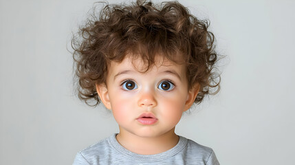 Naklejka premium Toddler portrait, curious expression, studio background, family photography