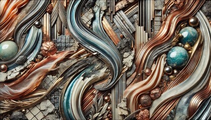 A highly detailed abstract texture combining a variety of materials_ glossy glass shards, coarse concrete, aged oxidized copper, and soft flowing silk