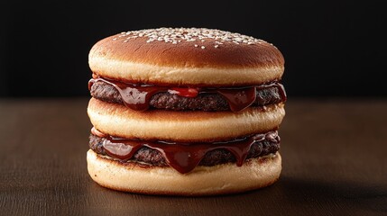 Delicious Triple Burger on Wooden Table