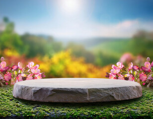 Natural stone podium with blooming flowers landscape. Rustic rock stand in vibrant floral garden. Display showcase background for beauty, wellness, organic, eco-friendly products and branding.