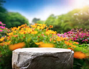 Natural stone podium with blooming flowers landscape. Rustic rock stand in vibrant floral garden. Display showcase background for beauty, wellness, organic, eco-friendly products and branding.