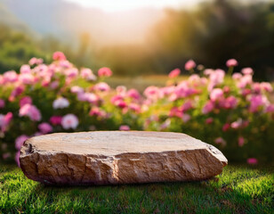 Natural stone podium with blooming flowers landscape. Rustic rock stand in vibrant floral garden. Display showcase background for beauty, wellness, organic, eco-friendly products and branding.
