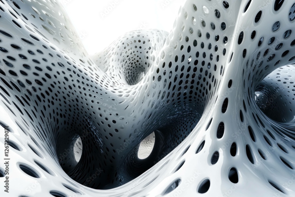 Poster abstract white d structure with smooth curves and perforated surfaces, showcasing modern design and 
