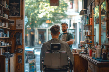 Barber Gives Haircut to Client in a Trendy Shop on a Sunny Afternoon in a Bustling City