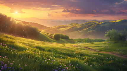 Ethereal Landscape with Rolling Hills and Sunset Glow