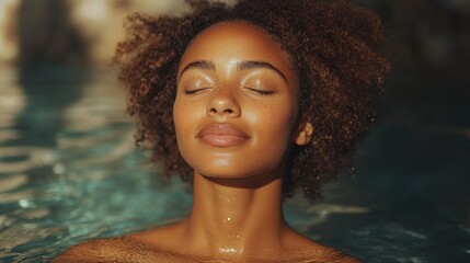 Fototapeta premium Woman with curly hair meditates in calming water pool