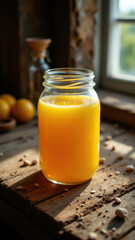 A jar filled with orange juice on a wooden table.