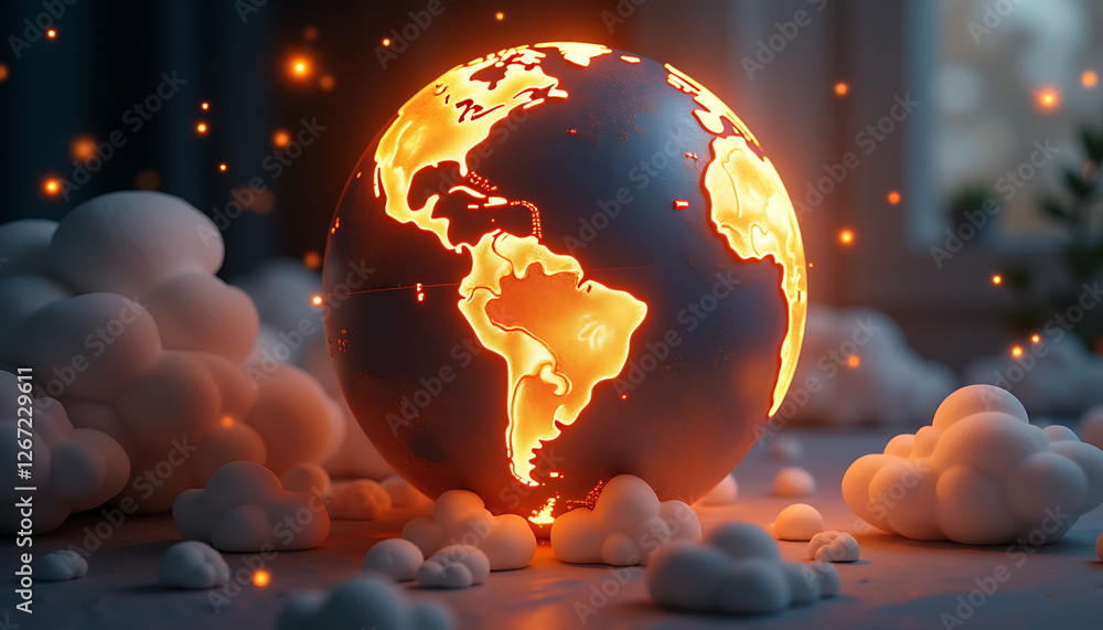Poster glowing earth globe with clouds in a soft background
