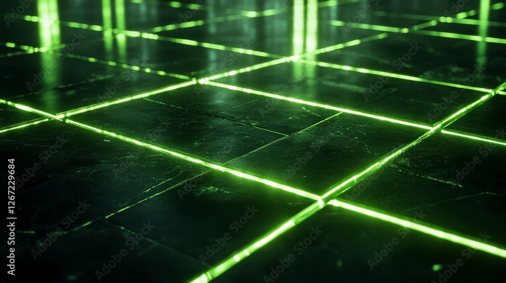 Poster illuminated green lines forming a grid pattern on dark tiles