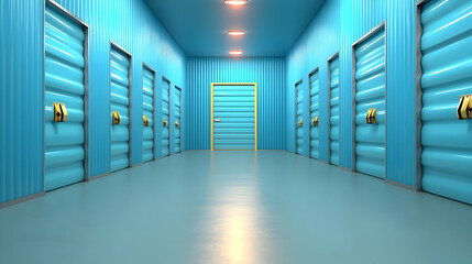 Blue storage unit hallway, self storage facility