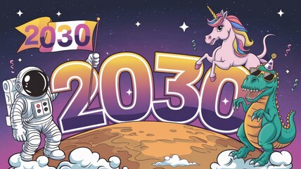 Fototapeta premium Fun Cartoon-Style 2030 Celebration with Astronaut, Unicorn, and Dinosaur Generative AI