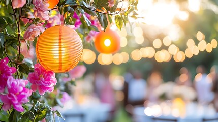 Glowing Lanterns and Pink Flowers Illuminate a Festive New Years Eve Outdoor Party with Blurred People Gathered at Tables in Garden at Twilight